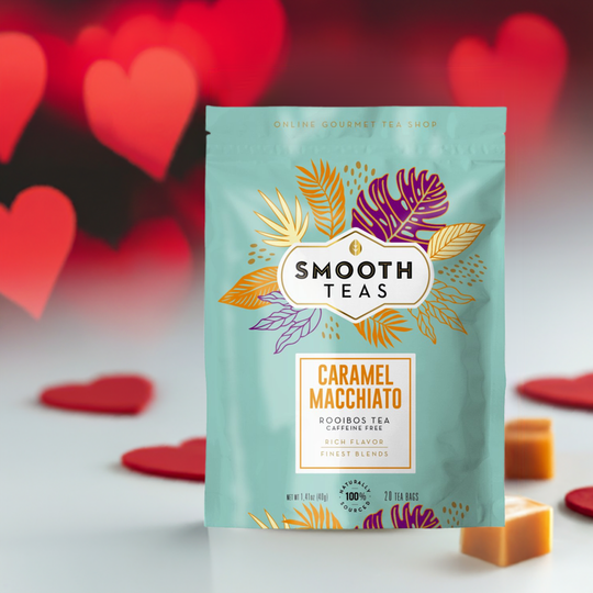 Smooth Teas Caramel Macchiato tea surrounded by red hearts